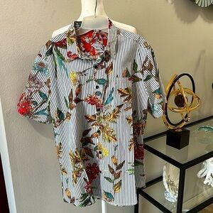 VatPave: Men’s Short Sleeve button down Shirt, stripes with tropical blooms Sz L